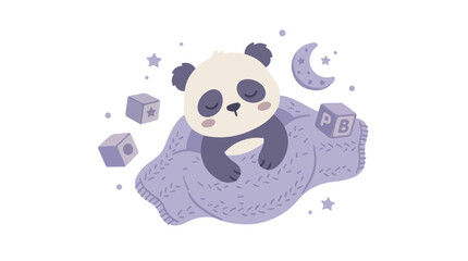 A cute vector illustration of a baby panda sleeping comfortably wrapped in a soft lavender blanket among stars and blocks. © Sabil