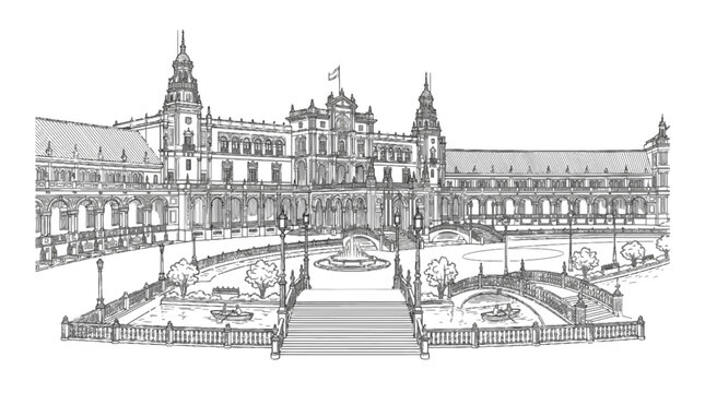 Detailed vector illustration of the historic Plaza de Espana featuring elegant architectural arches and bridges