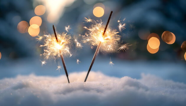 Two sparklers burning brightly in the snow, with a bokeh background of warm lights, creating a festive and magical winter scene Generative AI