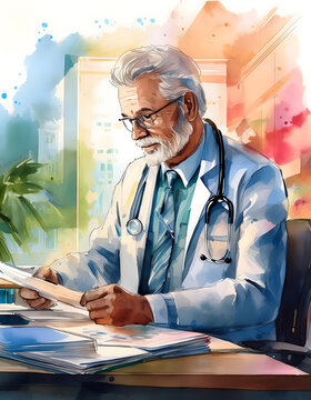 A doctor with gray hair and a beard, wearing a white coat and stethoscope, is sitting at a desk reviewing documents in a brightly lit office. Generative AI