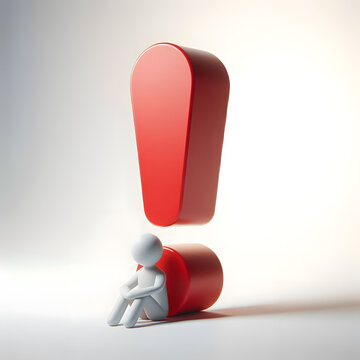 A 3D rendered white stick figure sitting against a red exclamation mark. Generative AI.