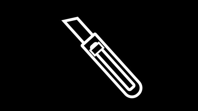 Minimalist animated white cutter knife icon on black background, perfect for tools, crafting, or editing concepts.