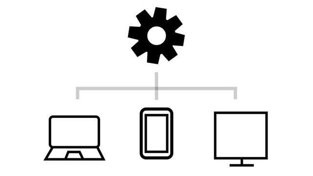 Animated black network gear icon connecting to devices on white background, perfect for system administration or IT.