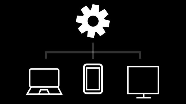Animated white network gear icon connecting to devices on black background, for tech, IT, or sync concepts.