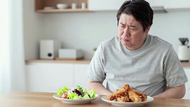 Overweight Japanese Middle Aged Man Choosing Between Fried Food and Healthy Salad, Diet and Weight Loss Concept, Copy space on the left, 4K, Seamless loop