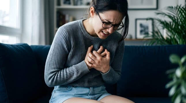 Young woman sitting on a sofa at home and suffering from sudden severe chest pain, clutching her chest with a pained facial expression, representing heart attack, panic attack, or medical emergency.