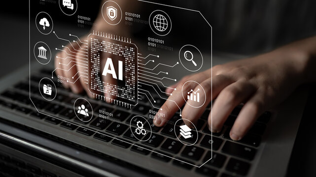A visually engaging representation of artificial intelligence technology displayed on a laptop, highlighting modern data processing and digital connections in a business setting. Nascent
