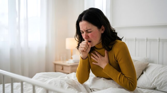 Young Woman Sitting on Bed Coughing and Holding Her Chest While Suffering from Flu or Respiratory Infection in Bright Modern Bedroom Environment, Health Care and Sickness Concept