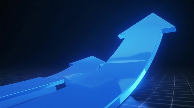 Large blue upward arrow rising against dark digital background