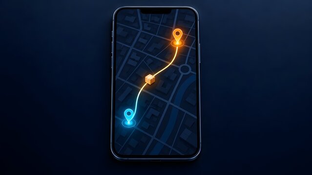 Smartphone displaying a delivery tracking map with a package icon moving along a route from one pin to another