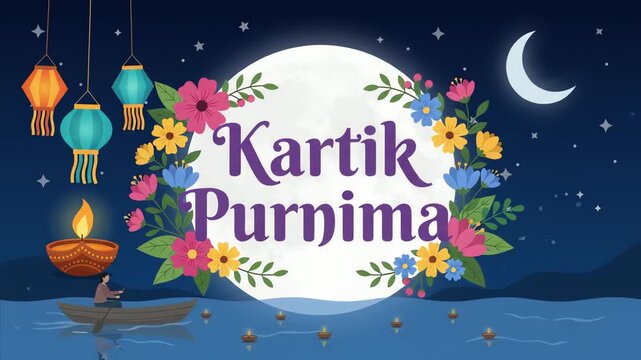 Celebration illustration depicting Kartik Purnima festival featuring full moon night sky, floating lamps on water surface, floral decorations, and festive lanterns.