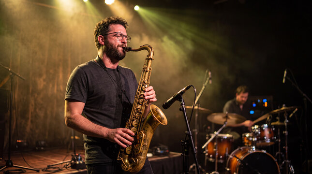 Musician plays saxophone on stage with drummer in background during live performance