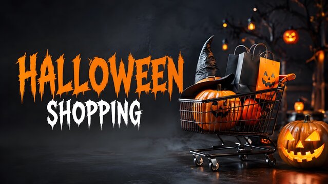 October 31 Happy Halloween Day shopping Celebration with Spooky Decorations Costumes Jack o Lanterns and Bats