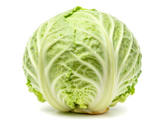 Fototapeta premium Cabbage sits on a white surface showing its round shape and curved leaves. Bright lighting highlights the fresh green color during day time Generative AI