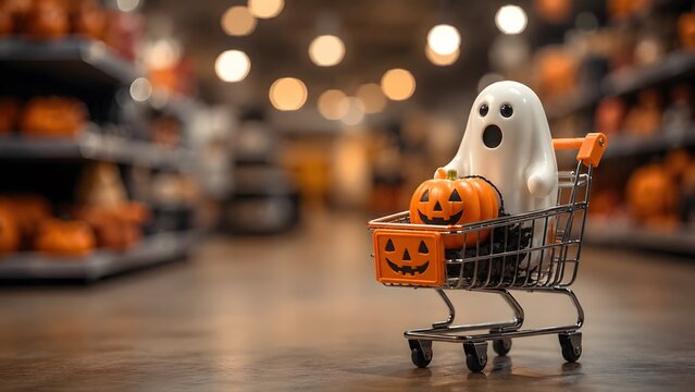 October 31 Happy Halloween Day shopping Celebration with Spooky Decorations Costumes Jack o Lanterns and Bats
