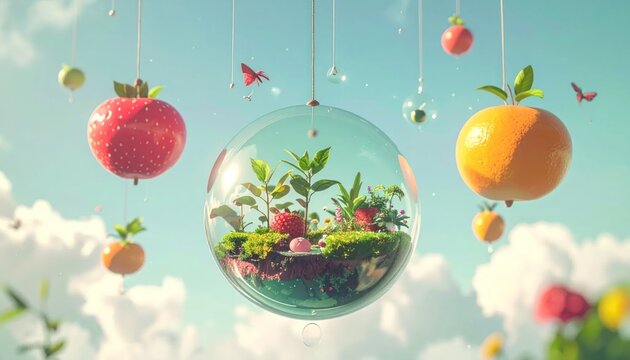 Floating Garden with Fruits and Clouds.