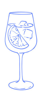 Spritz cocktail hand drawn sketch with glass and blue whimsical element. Italian drink with alcohol and beverages for summer travel. Cheers wine glass on isolated background.