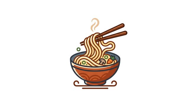 Minimalist vector illustration of a hot ramen noodle bowl with chopsticks lifting noodles, isolated on a white background.