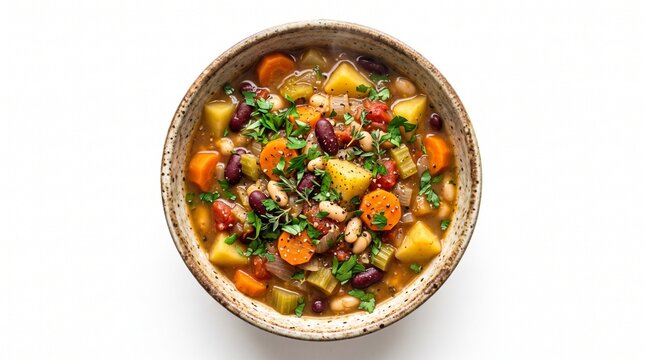 Hearty Vegetable Bean Soup in Rustic Bowl Garnished with Fresh Herbs and Spices