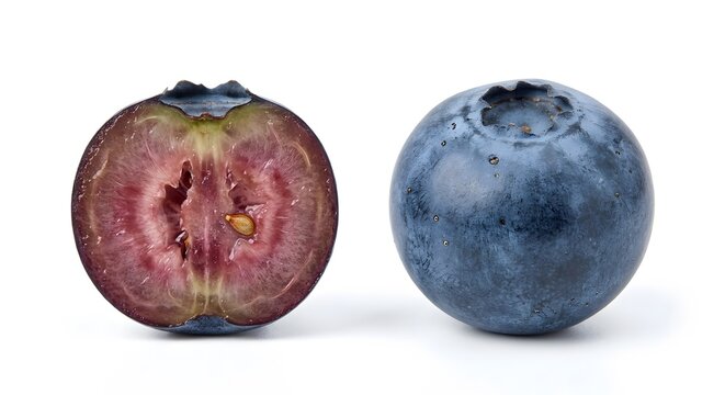 Fresh ripe blueberry whole and half slice isolated on white background, juicy berry fruit set for healthy dessert and smoothie packaging