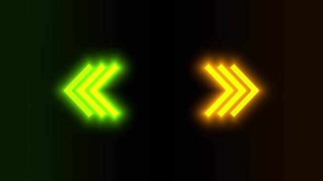 Left and right neon arrow sign animation glowing in dark