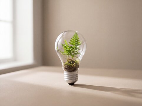 Green fern plant growing inside a clear glass light bulb on a sunlit beige surface