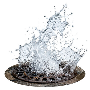 Dynamic water splash erupting from a circular metal drain grate with debris PNG Isolated on transparent background