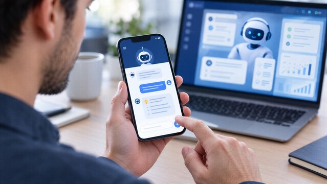 Professional using AI Chatbot app on smartphone for business tips, with Artificial Intelligence assistant on computer providing work assistance in a modern office.