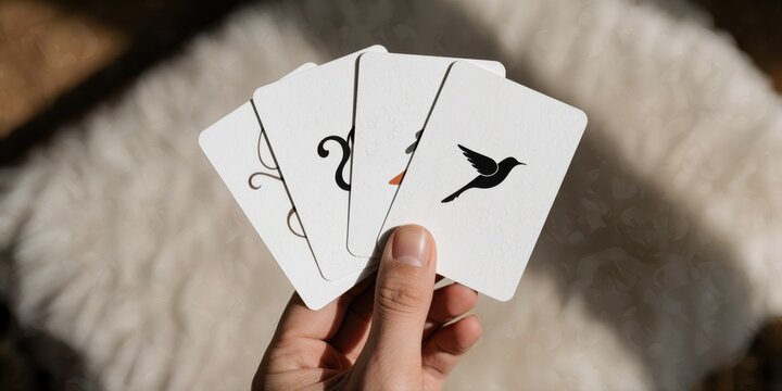 Person holding tarot cards with mystical symbols and bird illustration for divination practice and spiritual readings