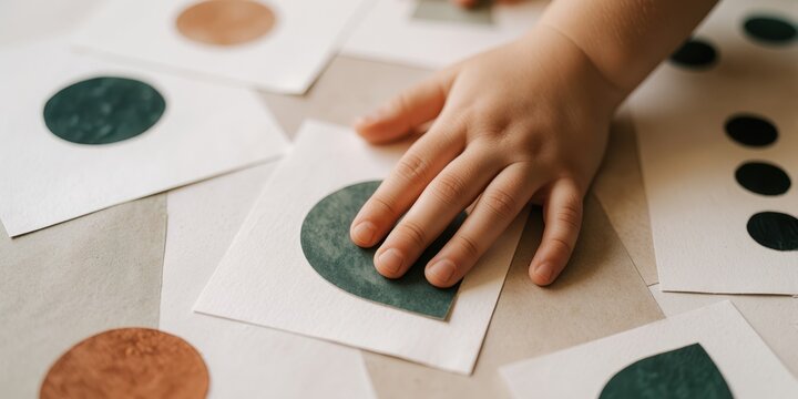 Toddler hand touching Montessori geometric shape sorting cards on a neutral table for early childhood learning and fine motor skills development