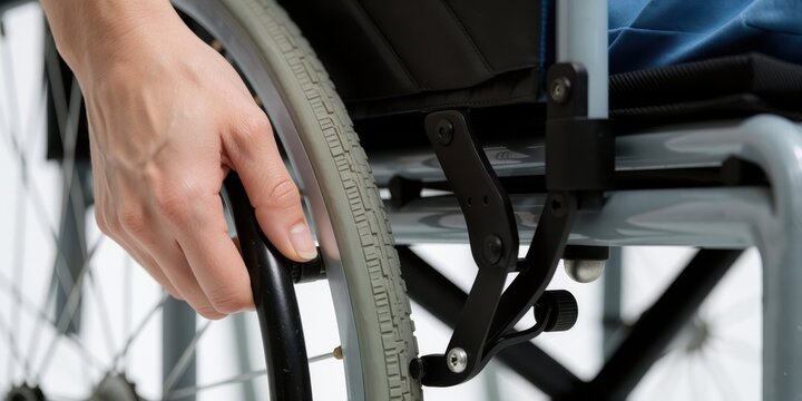 Close-up of a person pushing a wheelchair wheel, illustrating mobility, accessibility, and independence for people with disabilities in healthcare and rehabilitation