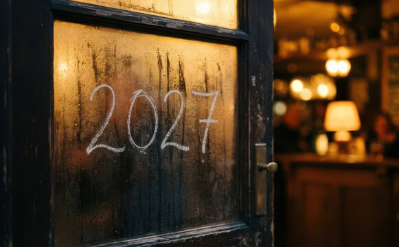 Written number 2027 on a steamed foggy glass window of a warm cozy pub interior with blurred lights in the background symbolizing future planning and new year