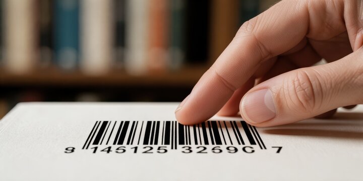 A close-up view of a person touching a barcode label on a book in a library, representing retail inventory and scanning concepts