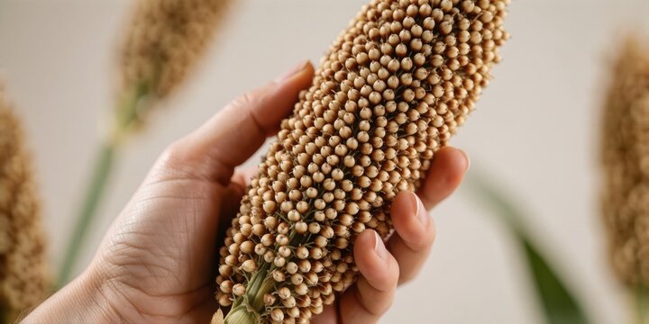 Close up of a hand holding a ripe sorghum grain head representing autumn harvest and sustainable agriculture