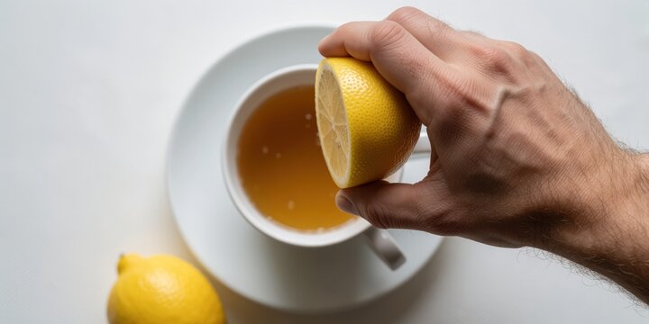 Man squeezing a fresh yellow lemon into a cup of hot tea to boost health and immunity