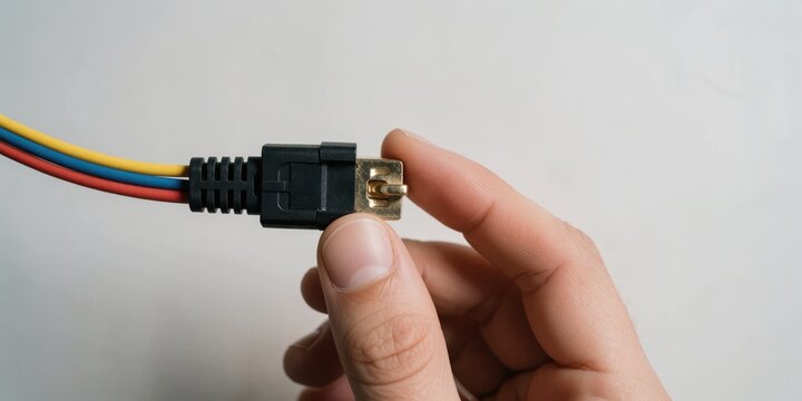 Close up of a person holding a custom modular electronic connector with multicolored wires for hardware prototyping and engineering
