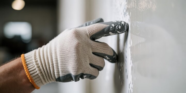 Worker wearing protective work glove checking freshly painted wall surface concept for home renovation and interior improvement
