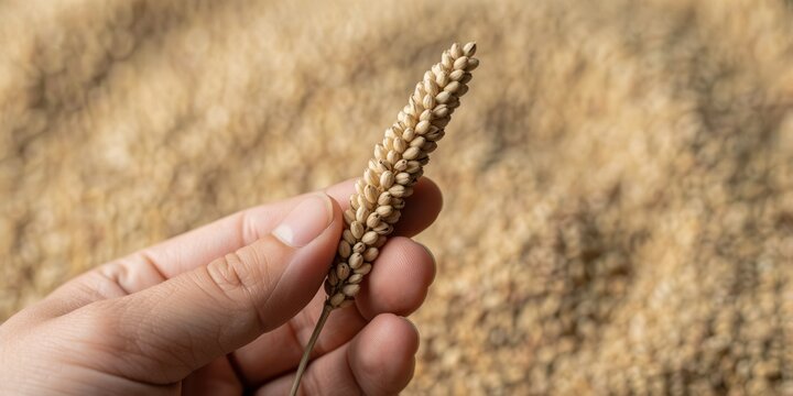 Close up of a hand holding a foxtail millet ear with grains background for agriculture and harvest concepts