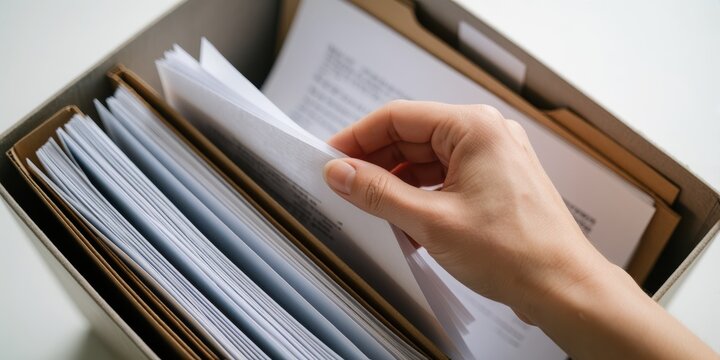 Person organizing documents and filing papers in a cardboard box for archive management and office administration