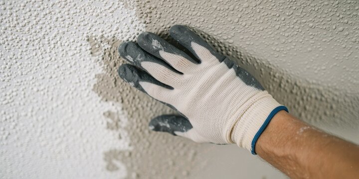 Worker hand wearing protective work glove inspecting textured popcorn ceiling during home renovation and repair project