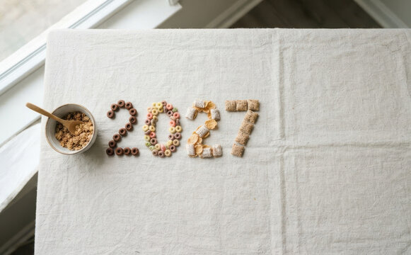 Breakfast cereal spelling 2027 on a cloth tablecloth with bowl and spoon representing future new year concept