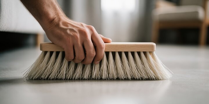 A male adult hand scrubbing a floor with a wooden brush, representing deep cleaning, chores, and maintenance in a modern interior