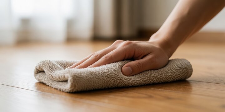 Woman wiping wooden floor with a microfiber cloth close up, concept of house cleaning and hygiene chores in a bright room