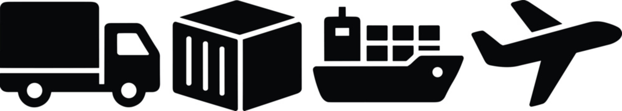 Logistics icon set featuring delivery truck, shipping box, cargo ship, and airplane symbols for global shipping and supply chain design.