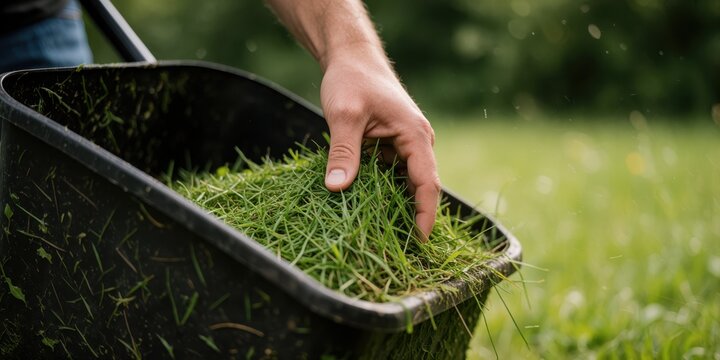 Man collecting freshly cut green grass clippings in a black container for lawn care and landscaping projects outdoors