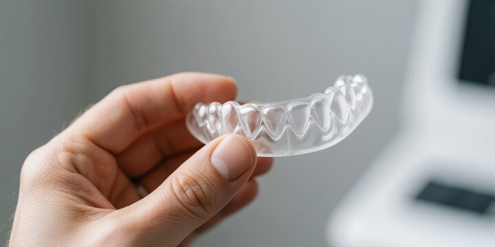 Dentist holding transparent dental aligner for teeth straightening and orthodontic treatment in clinic