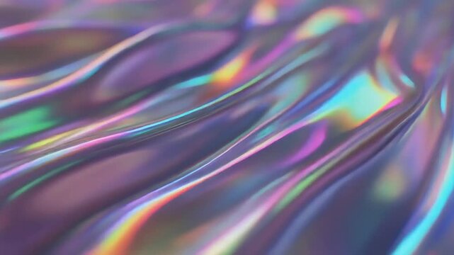 Iridescent flowing metallic texture with pastel rainbow reflections