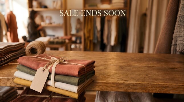 Sale ends soon typography overlay on a clothing store counter showing stacked folded fabrics with a blank price tag