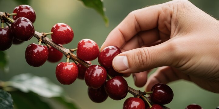 Close up of a worker harvesting ripe red coffee cherries by hand on a plantation, representing agricultural production, farming, and harvesting concepts