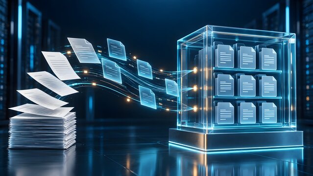 Stack of paper documents transforming into digital files transferring into a secure server rack representing paperless office and data digitization